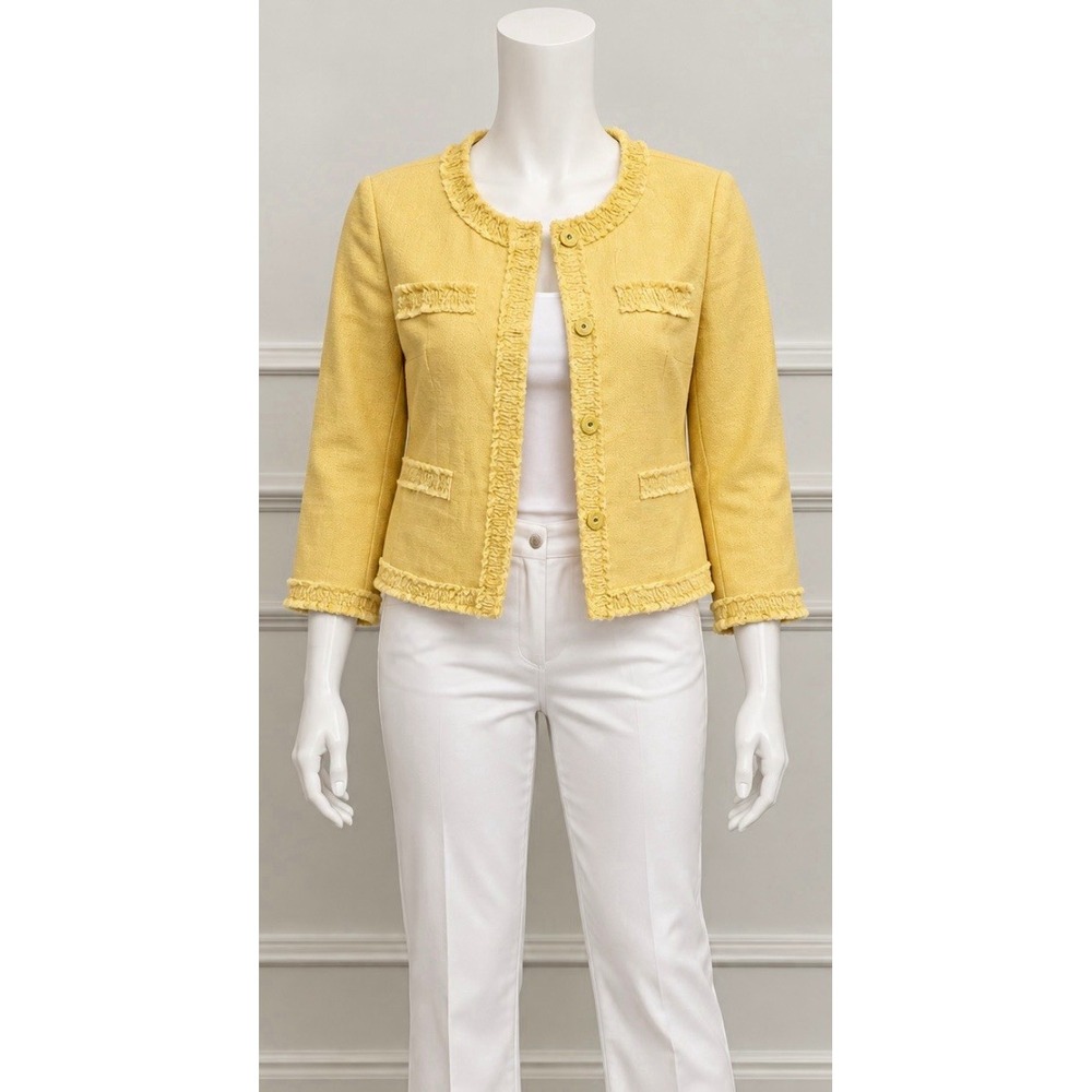 TALBOUTS Women's NWT Yellow Fringe Button Front Jacket Linen Pockets 3/4 Sz 4